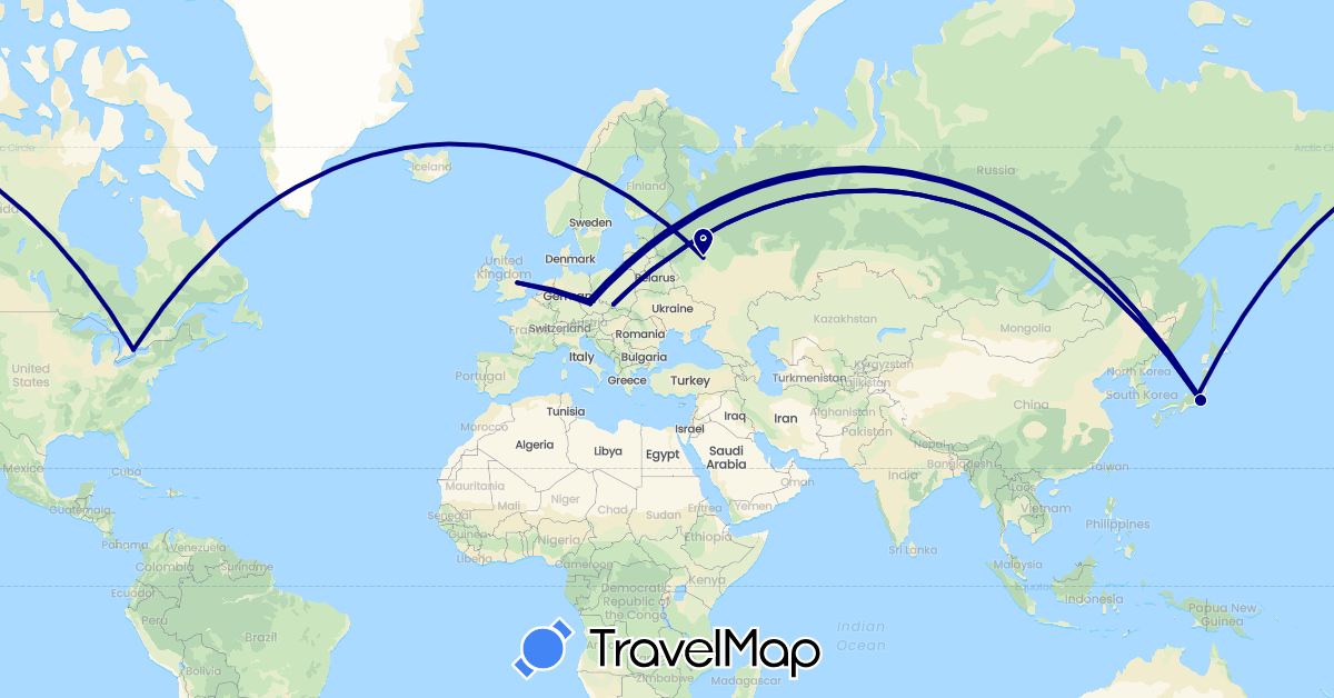 TravelMap itinerary: driving in Canada, Czech Republic, United Kingdom, Japan, Poland, Russia (Asia, Europe, North America)
